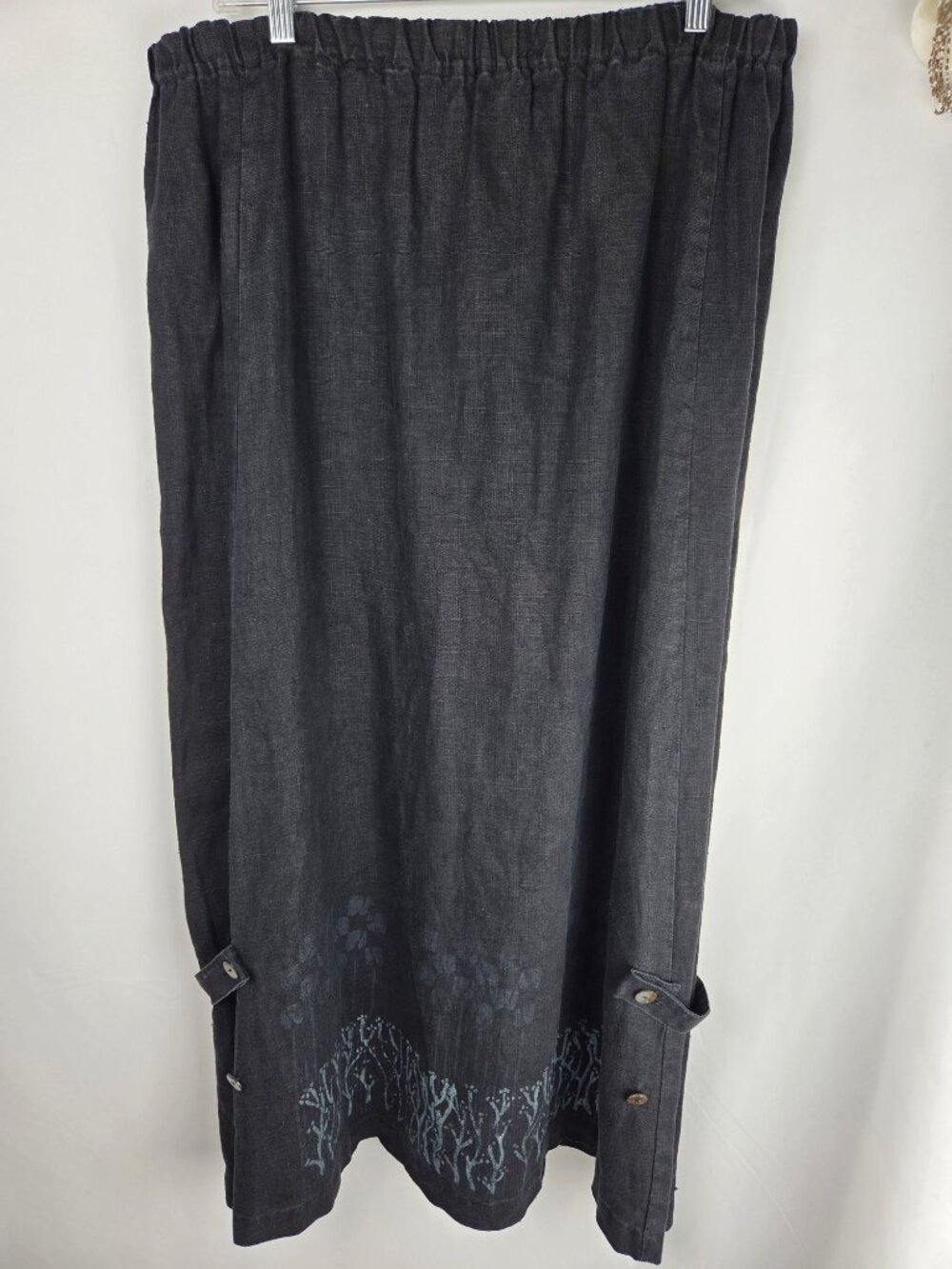 VTG 1996 Blue Fish Linen Maxi Skirt Black Sz 1 Painted Botanical Hem Lagenlook - Picture 2 of 16